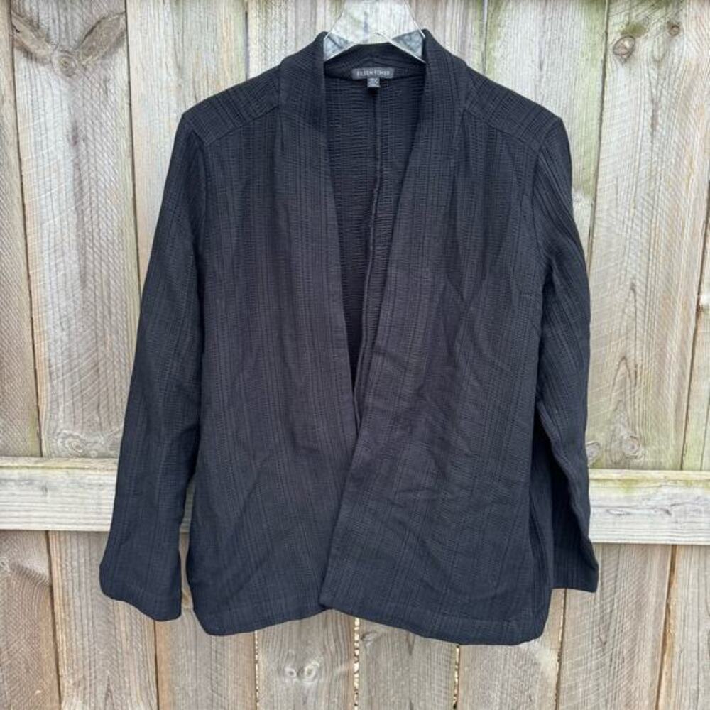 Eileen‎ Fisher Cardigan Top Blazer Long Sleeves Waffle Knit  Black XL Capstone